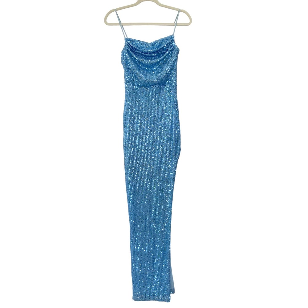 Windsor S Sky Blue Sequin Cowl Drape Neck High Slit Maxi Gown Dress
